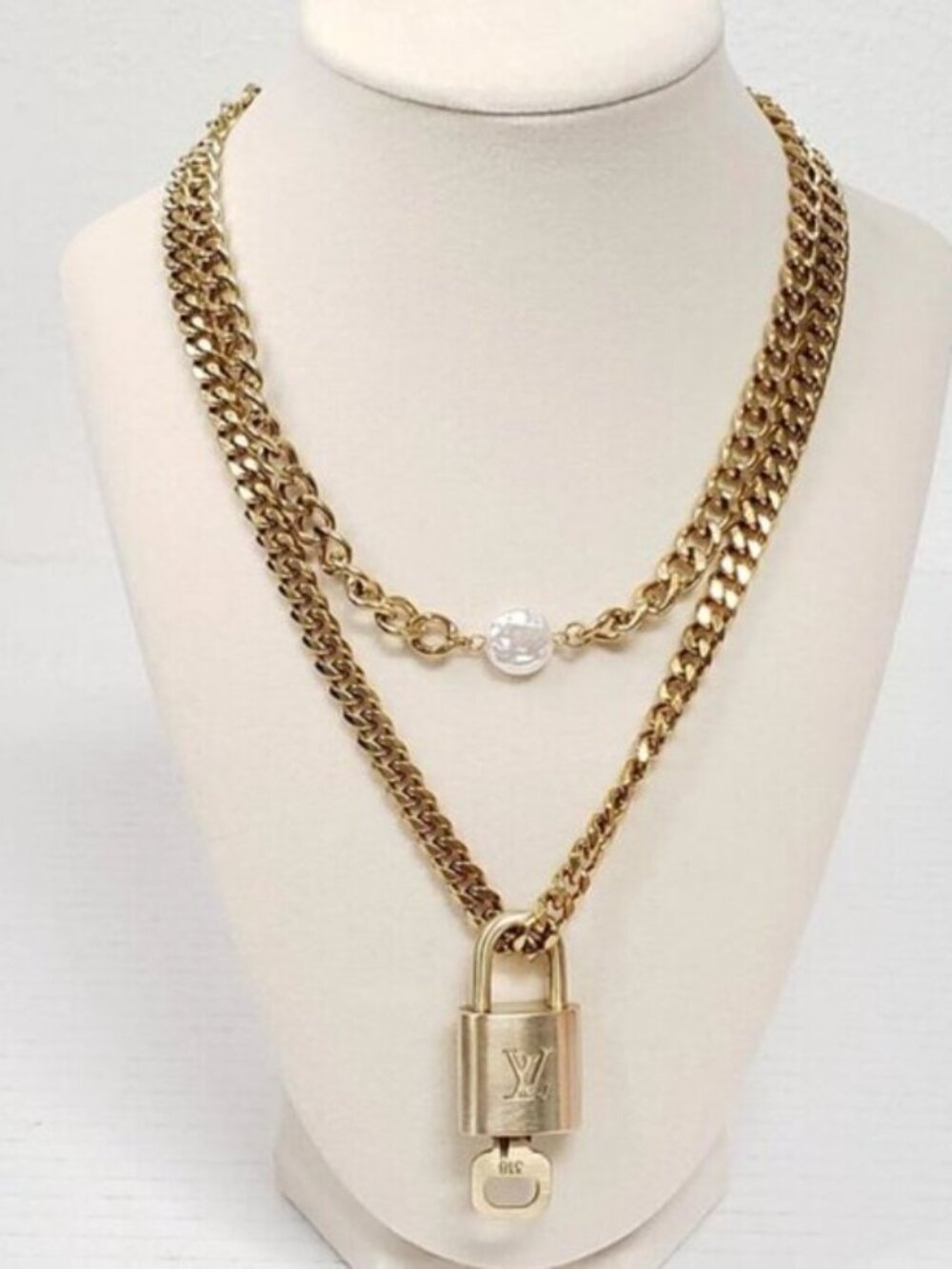 Stainless Steel Gold-Plated Necklace with Authentic Louis Vuitton Padlock - Picture 1 of 14